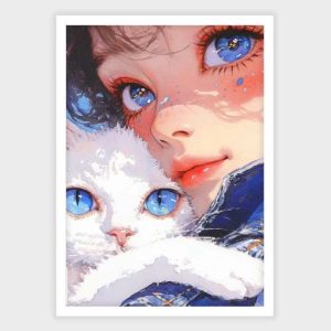 تابلو دخترانه نقاشی دختر و گربه