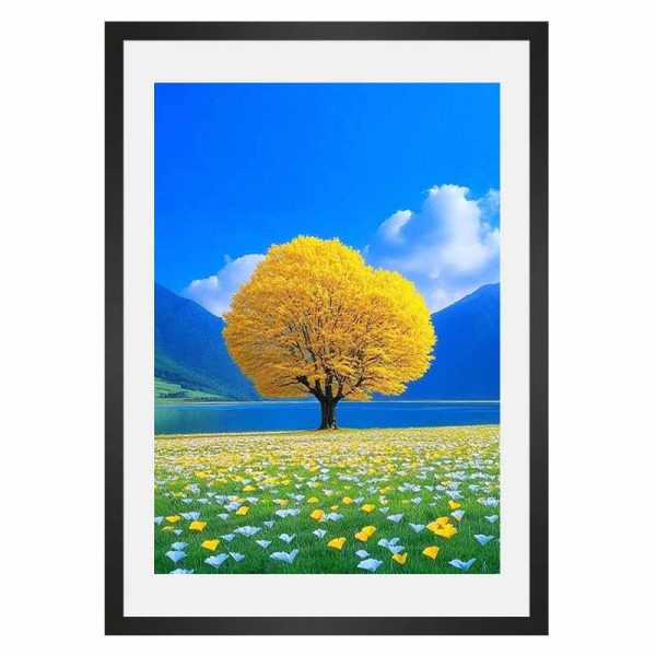 تابلو درخت طلایی در دشت گل‌ های بهاری